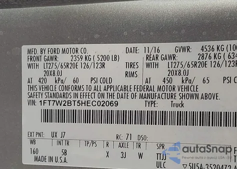 2017 Ford F-250 Lariat z USA, uszkodzony, nr VIN 1FT7W2BT5HEC02069